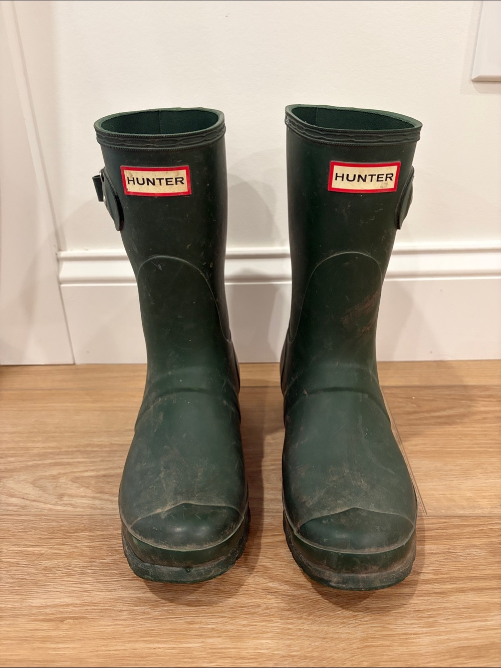 Hunter Dark Green Rubber Boots with Red Logo Trim